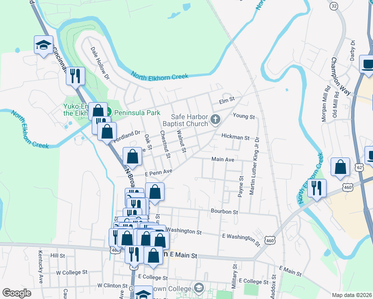map of restaurants, bars, coffee shops, grocery stores, and more near 414 Walnut Street in Georgetown
