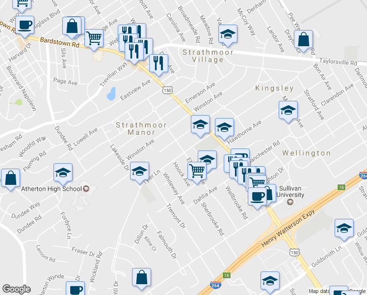map of restaurants, bars, coffee shops, grocery stores, and more near 2135 Tyler Lane in Louisville