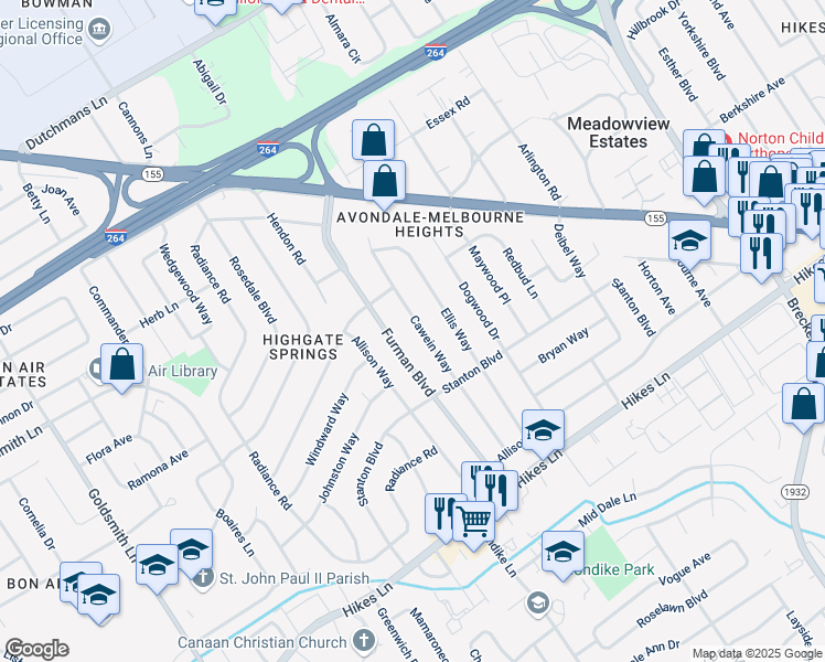 map of restaurants, bars, coffee shops, grocery stores, and more near 3229 Cawein Way in Louisville