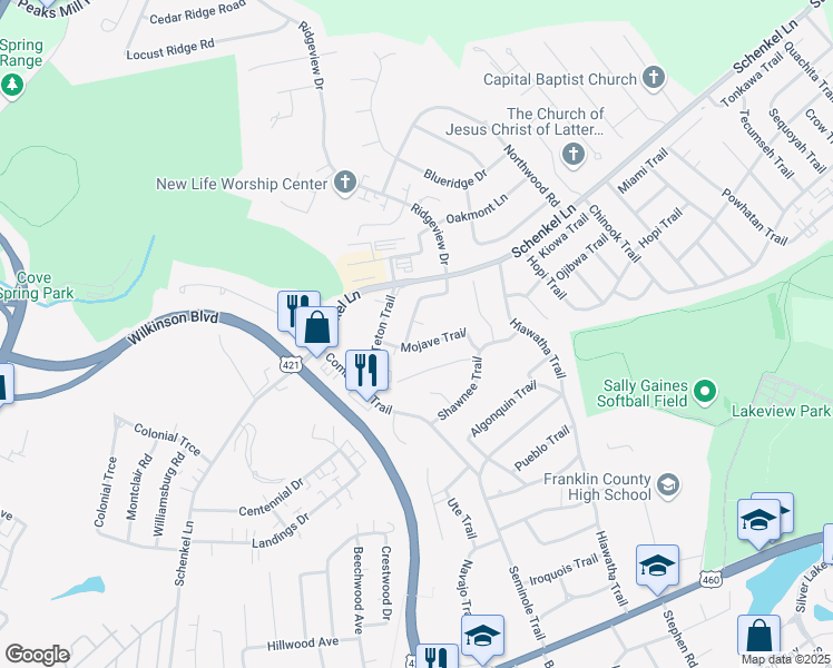 map of restaurants, bars, coffee shops, grocery stores, and more near 517 Aztec Trail in Frankfort