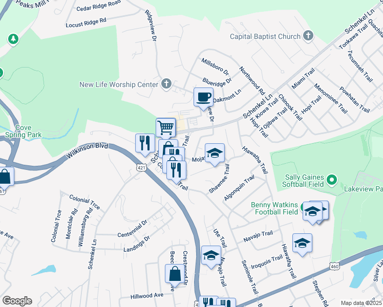 map of restaurants, bars, coffee shops, grocery stores, and more near 517 Aztec Trail in Frankfort
