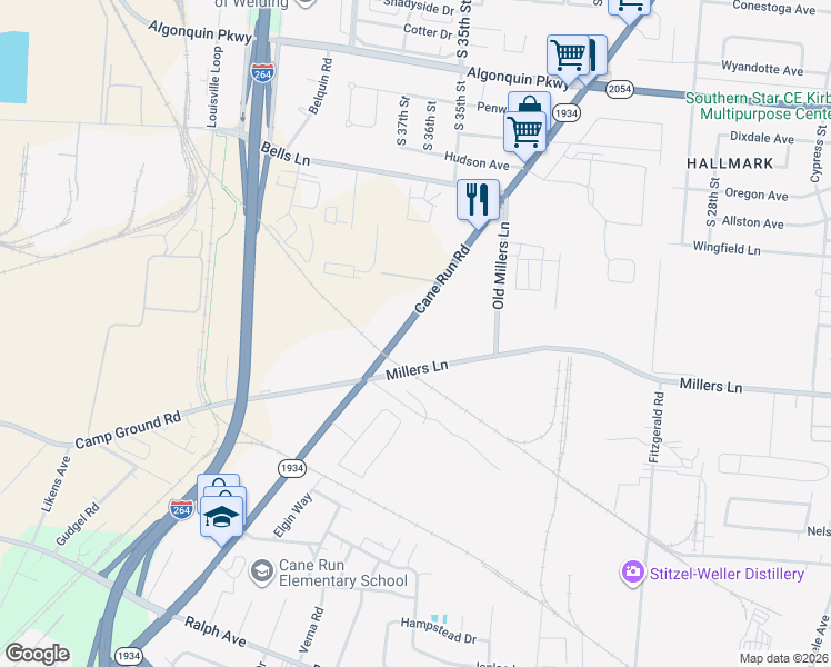map of restaurants, bars, coffee shops, grocery stores, and more near 3709 Cane Run Road in Louisville