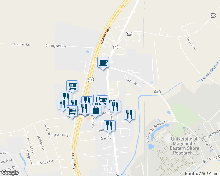map of restaurants, bars, coffee shops, grocery stores, and more near 12223 Somerset Avenue in Princess Anne