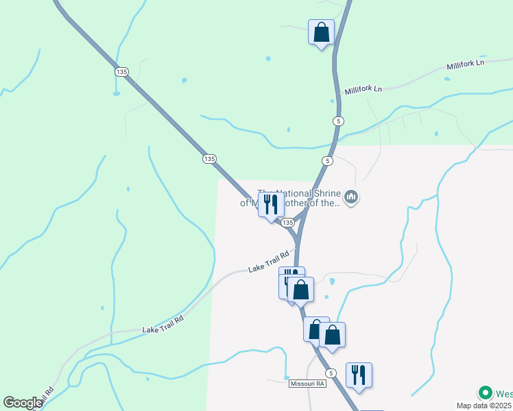 map of restaurants, bars, coffee shops, grocery stores, and more near State Highway 135 in Laurie