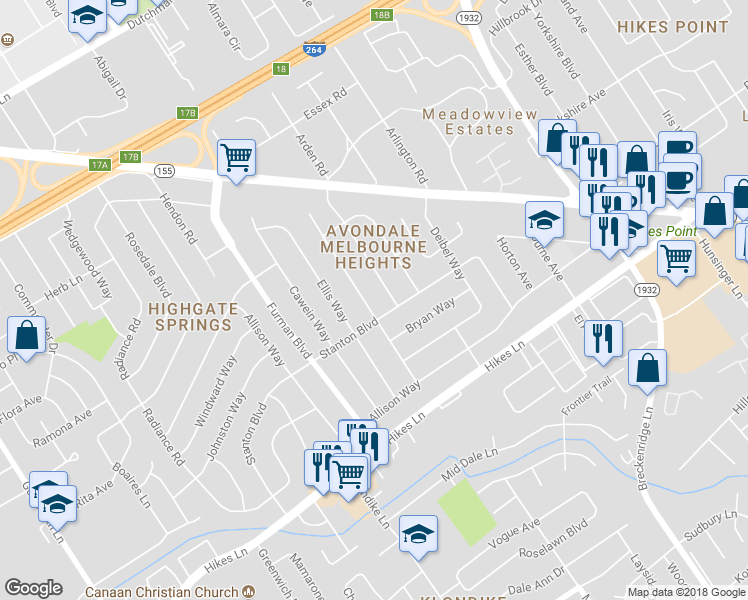 map of restaurants, bars, coffee shops, grocery stores, and more near 3131 Dogwood Drive in Louisville