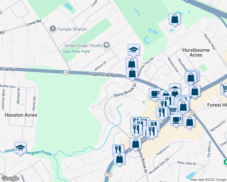 map of restaurants, bars, coffee shops, grocery stores, and more near 8780 Park Laureate Drive in Louisville