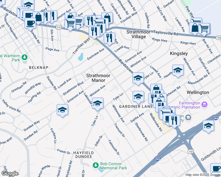map of restaurants, bars, coffee shops, grocery stores, and more near 2117 Gladstone Avenue in Louisville