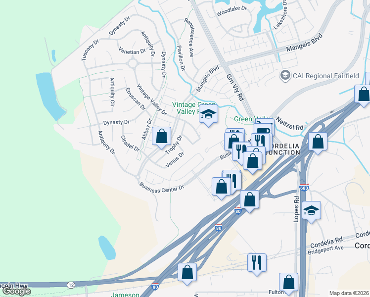 map of restaurants, bars, coffee shops, grocery stores, and more near 578 Versailles Avenue in Fairfield
