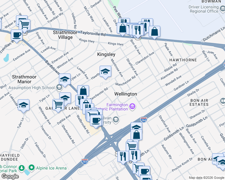 map of restaurants, bars, coffee shops, grocery stores, and more near 3006 Kipling Way in Louisville