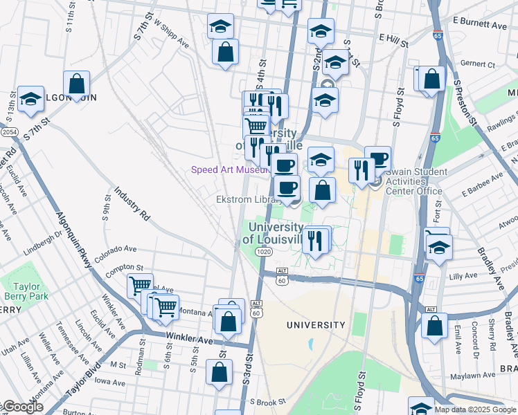 map of restaurants, bars, coffee shops, grocery stores, and more near in Louisville