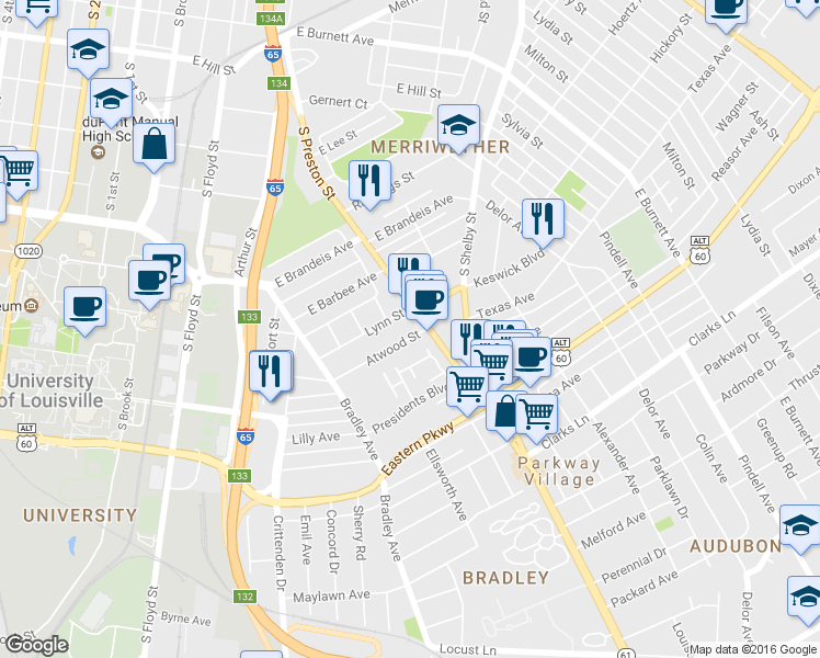 map of restaurants, bars, coffee shops, grocery stores, and more near 679 Atwood Street in Louisville