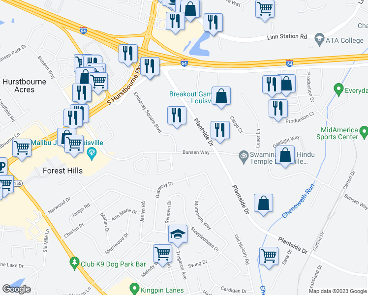 map of restaurants, bars, coffee shops, grocery stores, and more near 9801 Bunsen Parkway in Hurstbourne Acres