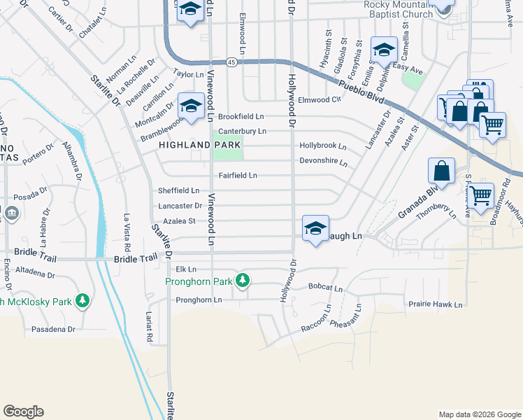 map of restaurants, bars, coffee shops, grocery stores, and more near 3732 Lancaster Dr in Pueblo