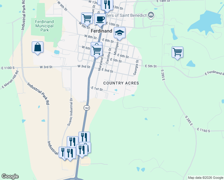 map of restaurants, bars, coffee shops, grocery stores, and more near 432 East 1st Street in Ferdinand