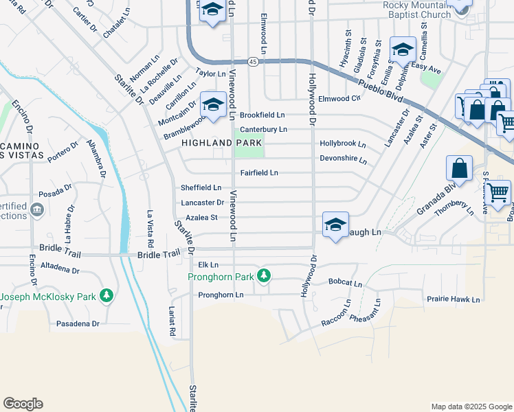 map of restaurants, bars, coffee shops, grocery stores, and more near 3824 Lancaster Drive in Pueblo