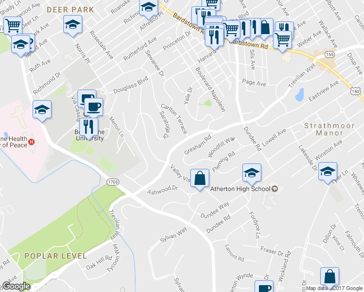 map of restaurants, bars, coffee shops, grocery stores, and more near 1712 Trevilian Way in Louisville