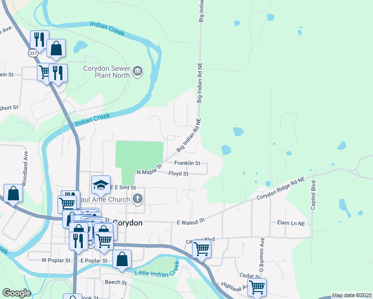 map of restaurants, bars, coffee shops, grocery stores, and more near 91 Big Indian Road Northeast in Corydon