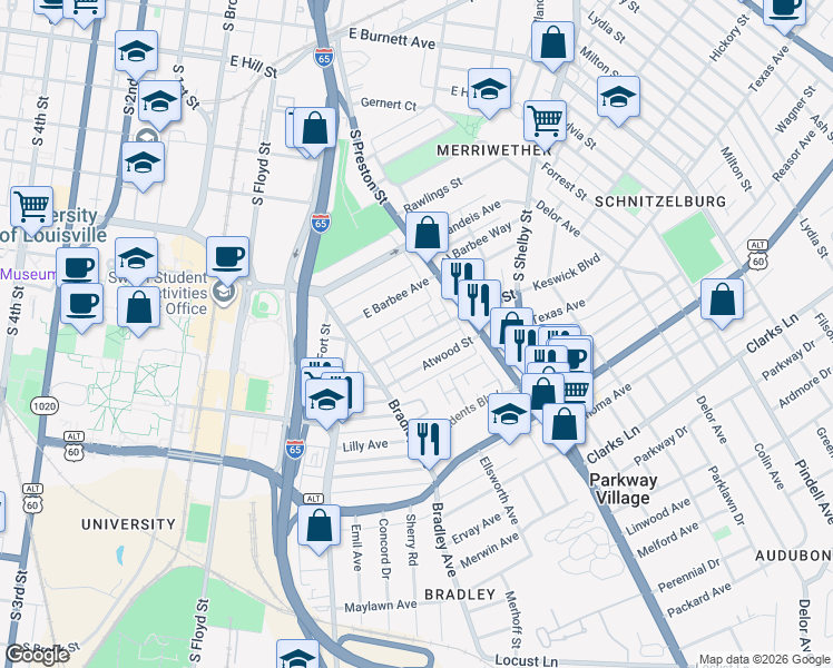 map of restaurants, bars, coffee shops, grocery stores, and more near 659 Lynn Street in Louisville