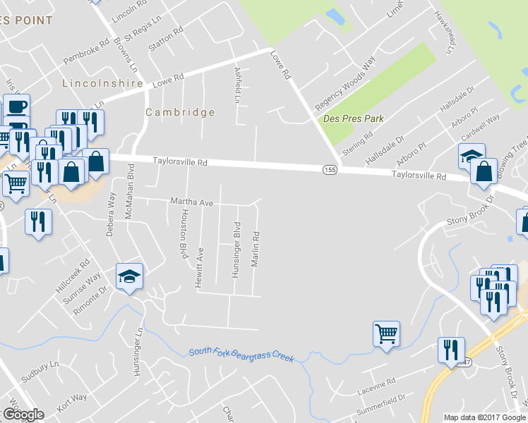 map of restaurants, bars, coffee shops, grocery stores, and more near 3103 Marlin Road in Louisville