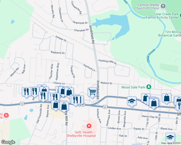 map of restaurants, bars, coffee shops, grocery stores, and more near 88 Smithland Drive in Shelbyville