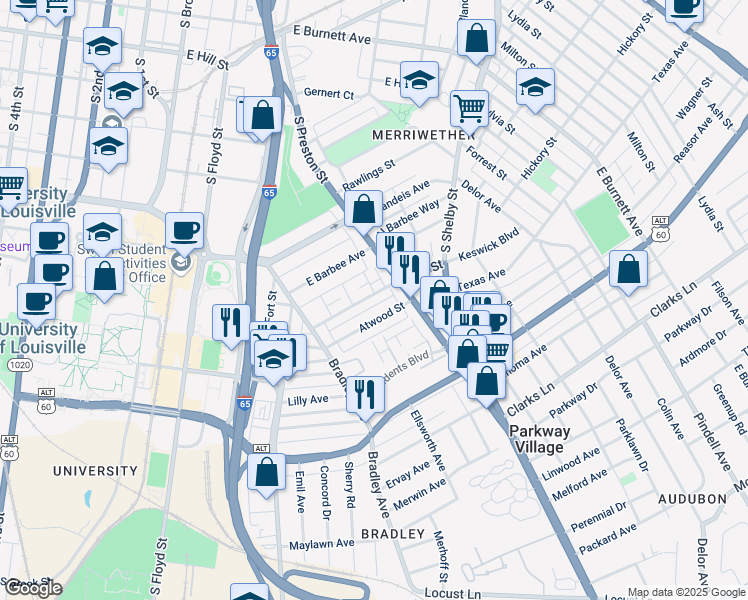 map of restaurants, bars, coffee shops, grocery stores, and more near 659 Lynn Street in Louisville