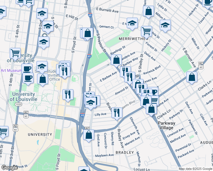 map of restaurants, bars, coffee shops, grocery stores, and more near 2055 Emmet Avenue in Louisville