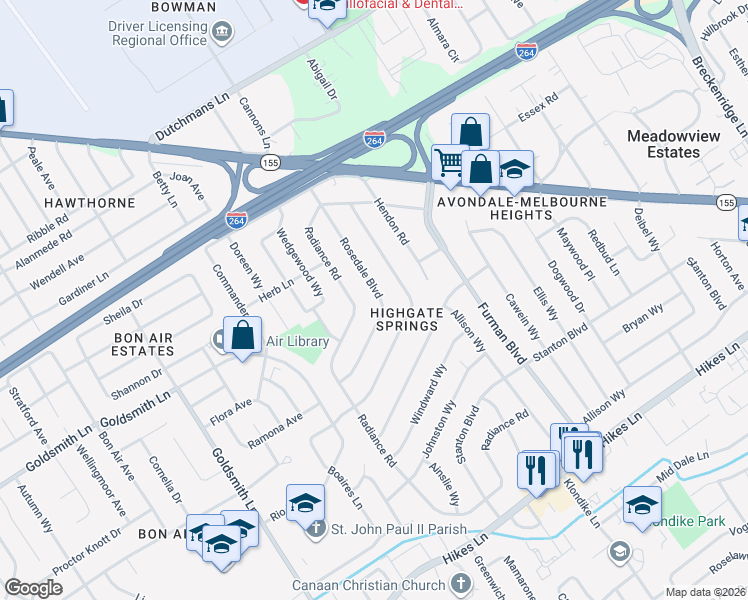 map of restaurants, bars, coffee shops, grocery stores, and more near 3102 Rosedale Boulevard in Louisville