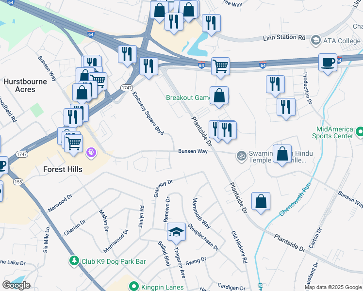 map of restaurants, bars, coffee shops, grocery stores, and more near 9801 Bunsen Parkway in Hurstbourne Acres