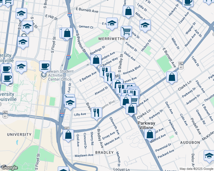 map of restaurants, bars, coffee shops, grocery stores, and more near 679 Atwood Street in Louisville