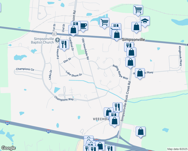 map of restaurants, bars, coffee shops, grocery stores, and more near 221 Old Veechdale Road in Simpsonville