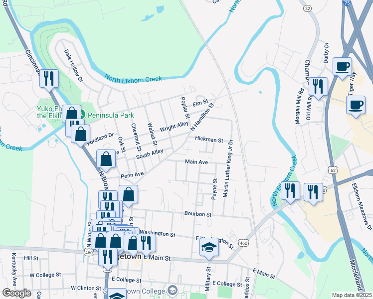 map of restaurants, bars, coffee shops, grocery stores, and more near Scott Manor Path in Georgetown