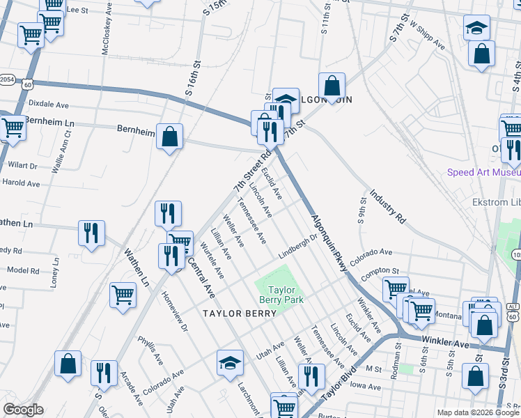 map of restaurants, bars, coffee shops, grocery stores, and more near 1209 Lincoln Avenue in Louisville