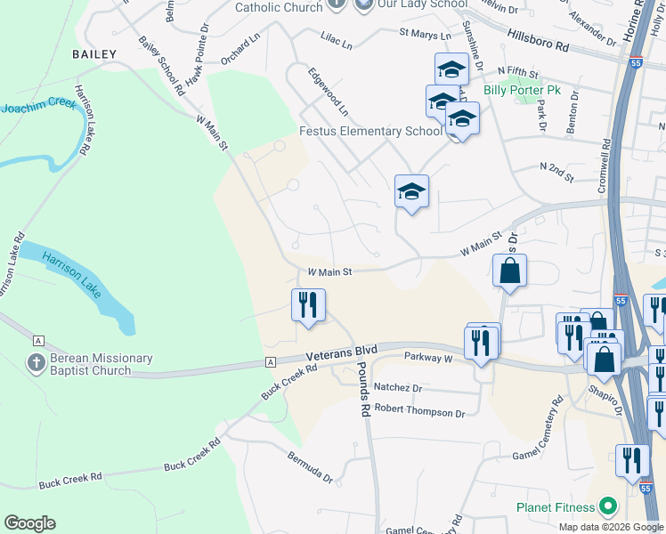 map of restaurants, bars, coffee shops, grocery stores, and more near 350 Meadow Wood Drive in Festus