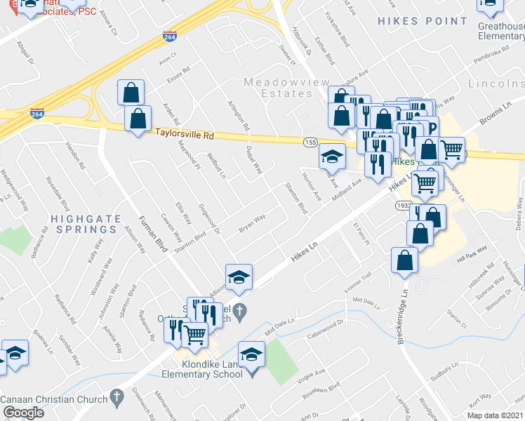 map of restaurants, bars, coffee shops, grocery stores, and more near 3429 Bryan Way in Louisville