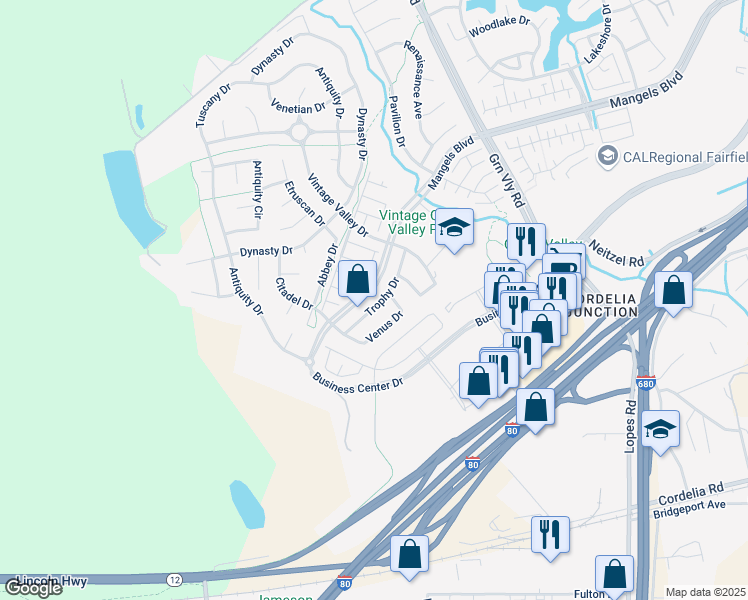 map of restaurants, bars, coffee shops, grocery stores, and more near 5257 Trophy Drive in Fairfield