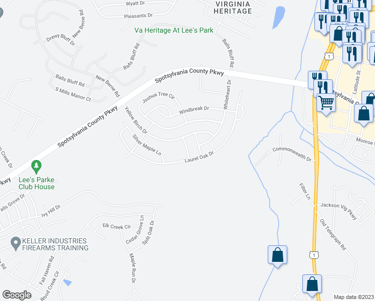 map of restaurants, bars, coffee shops, grocery stores, and more near 5206 Linden Drive in Fredericksburg