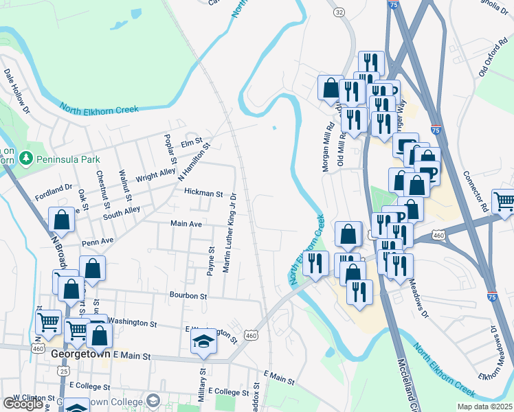 map of restaurants, bars, coffee shops, grocery stores, and more near 101 Bridge Street in Georgetown