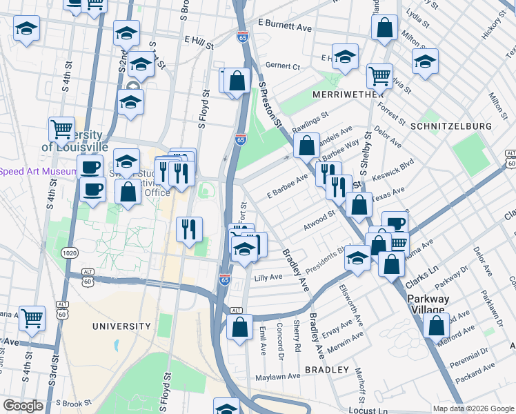 map of restaurants, bars, coffee shops, grocery stores, and more near 508 East Barbee Avenue in Louisville