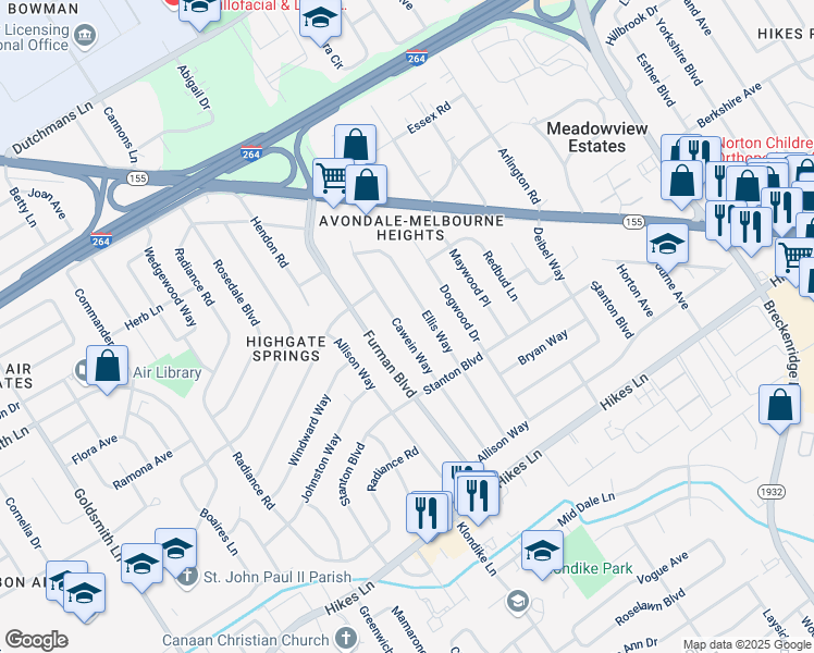 map of restaurants, bars, coffee shops, grocery stores, and more near 3229 Cawein Way in Louisville