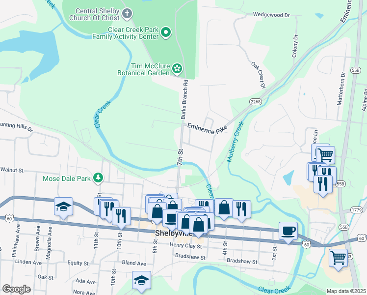 map of restaurants, bars, coffee shops, grocery stores, and more near 45 7th Street in Shelbyville