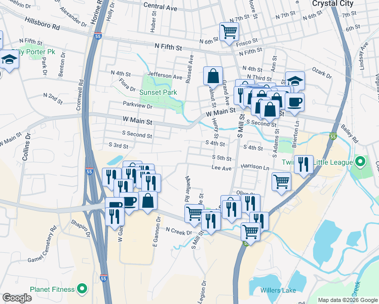 map of restaurants, bars, coffee shops, grocery stores, and more near 621 South 5th Street in Festus