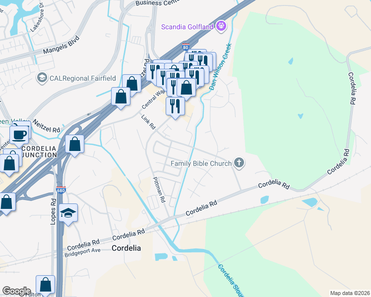 map of restaurants, bars, coffee shops, grocery stores, and more near 4322 Spring Creek Court in Fairfield