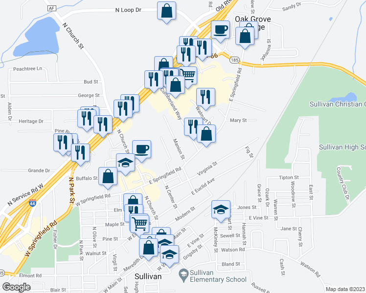 map of restaurants, bars, coffee shops, grocery stores, and more near 440 North Mansion Street in Sullivan
