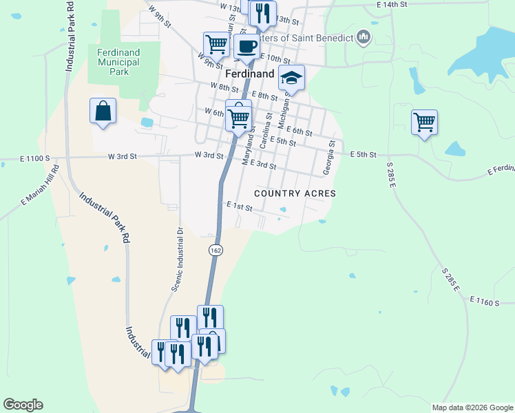 map of restaurants, bars, coffee shops, grocery stores, and more near 298 East 1st Street in Ferdinand