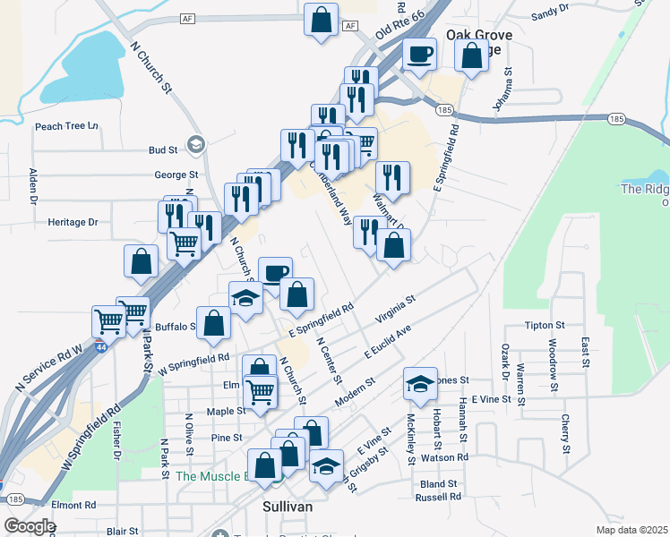 map of restaurants, bars, coffee shops, grocery stores, and more near 440 North Mansion Street in Sullivan