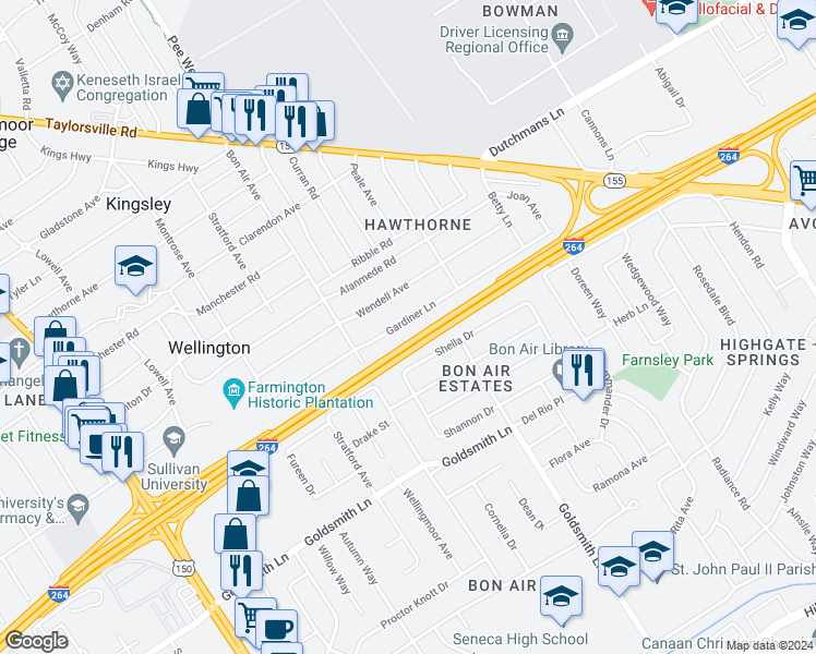 map of restaurants, bars, coffee shops, grocery stores, and more near 2622 Gardiner Lane in Louisville