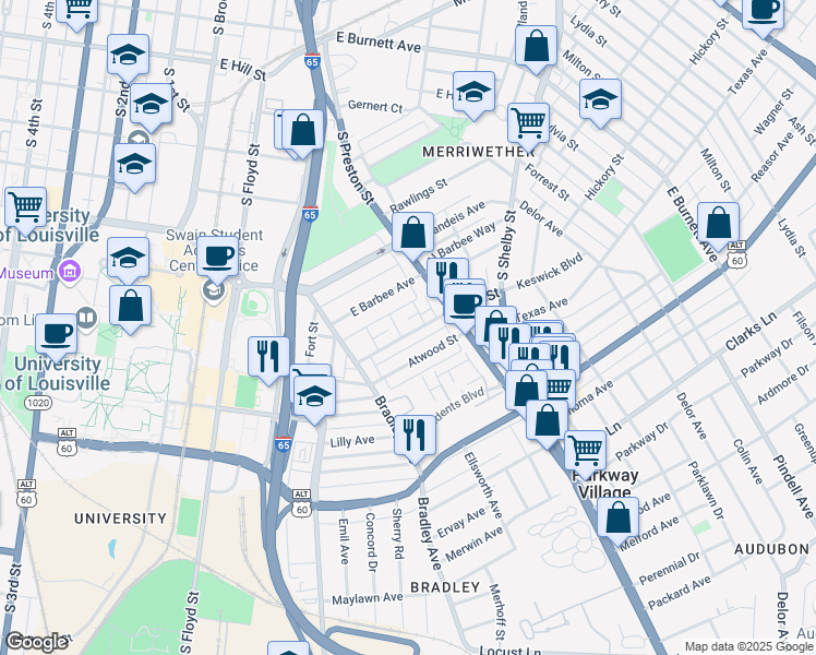 map of restaurants, bars, coffee shops, grocery stores, and more near 659 Lynn Street in Louisville