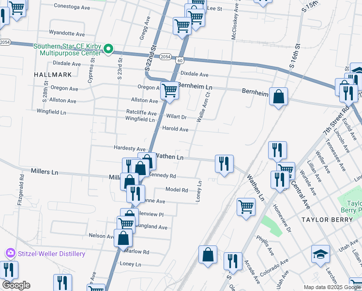 map of restaurants, bars, coffee shops, grocery stores, and more near 1704 Adelia Avenue in Louisville
