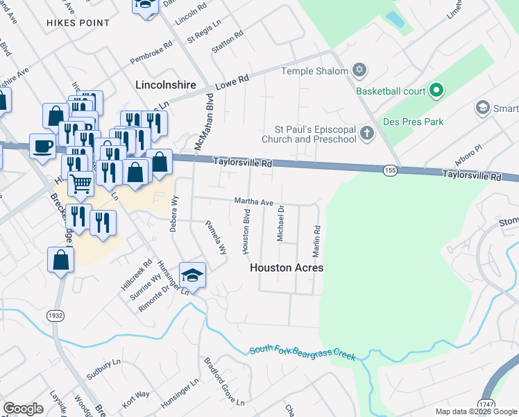 map of restaurants, bars, coffee shops, grocery stores, and more near 3100 Hewitt Avenue in Louisville