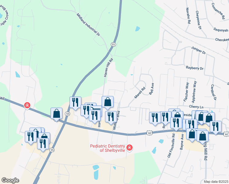 map of restaurants, bars, coffee shops, grocery stores, and more near Douglas Court in Shelbyville